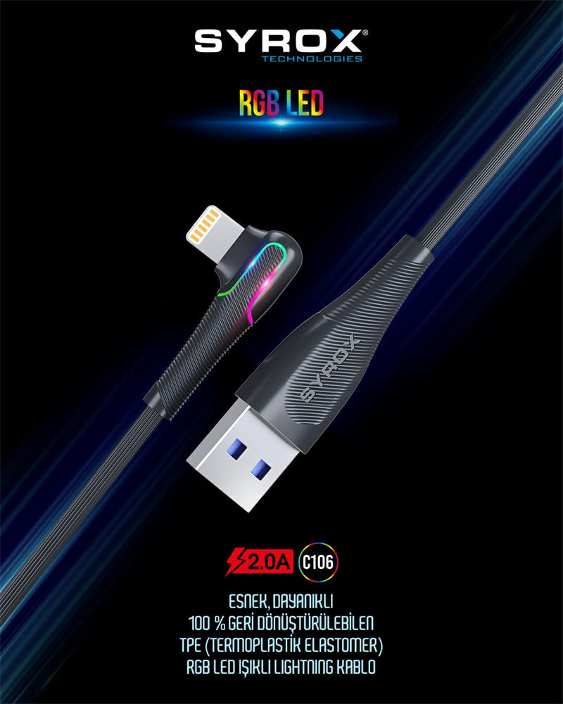 C106 Lighning RGB LED li Gamer  Sarj Kablosu